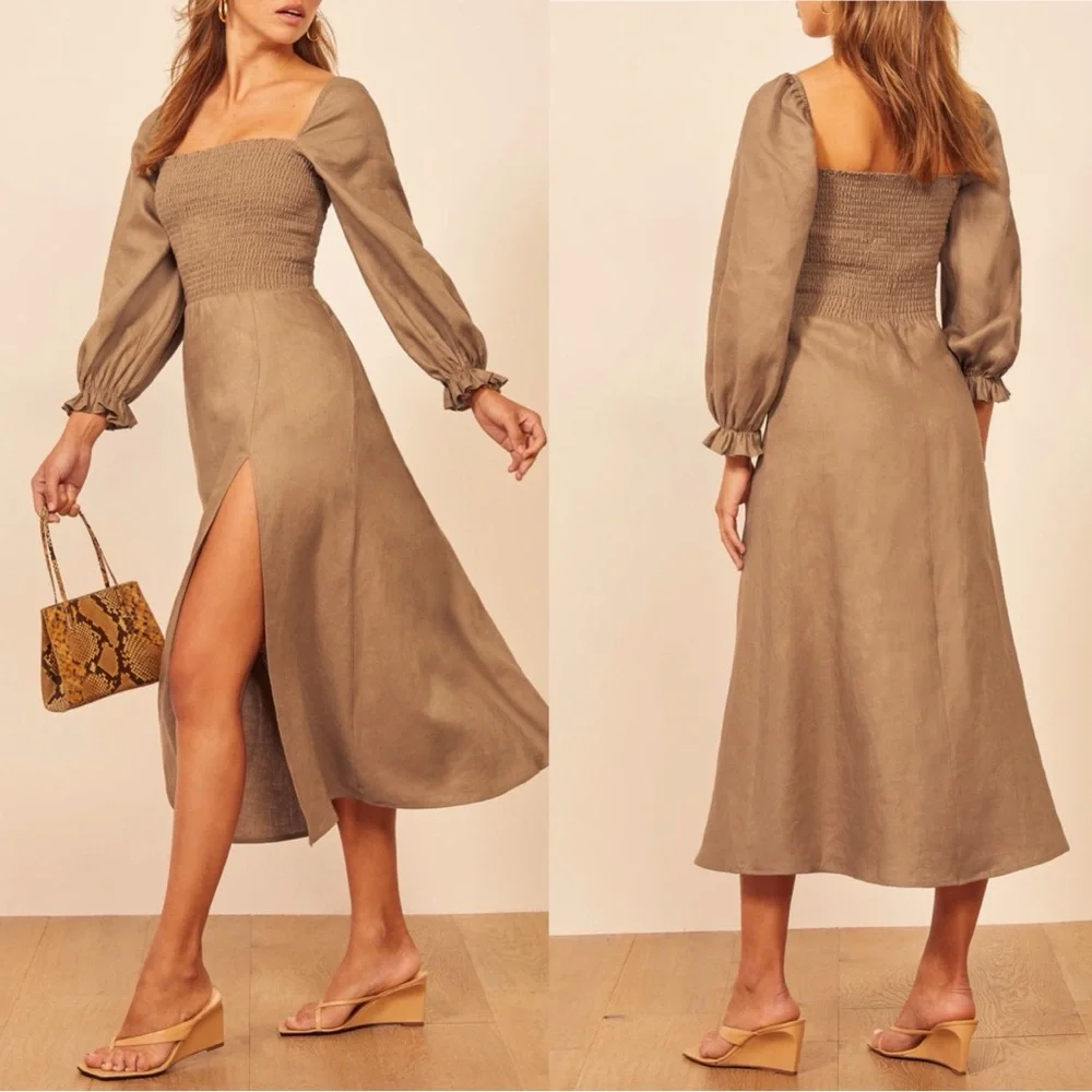 NWT Reformation Gitane Long Sleeve Smocked Linen Midi‎ Dress Khaki Large
